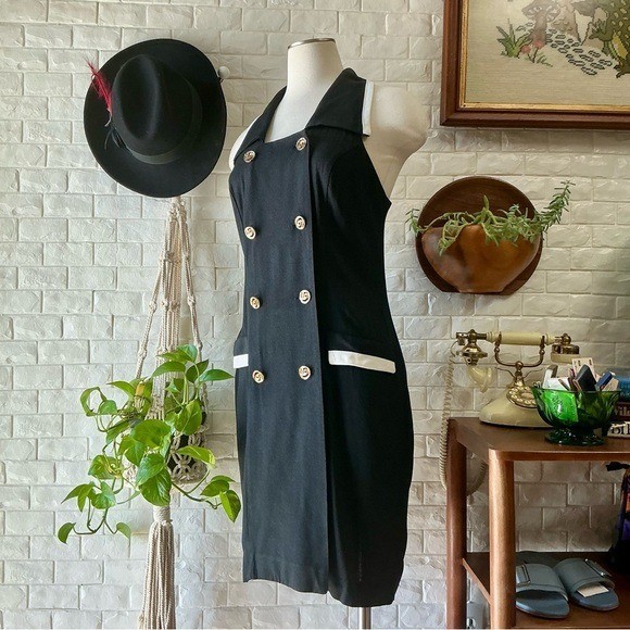 Vintage 1990s Dawn Joy Elegant Black Double-Breasted Mini Dress