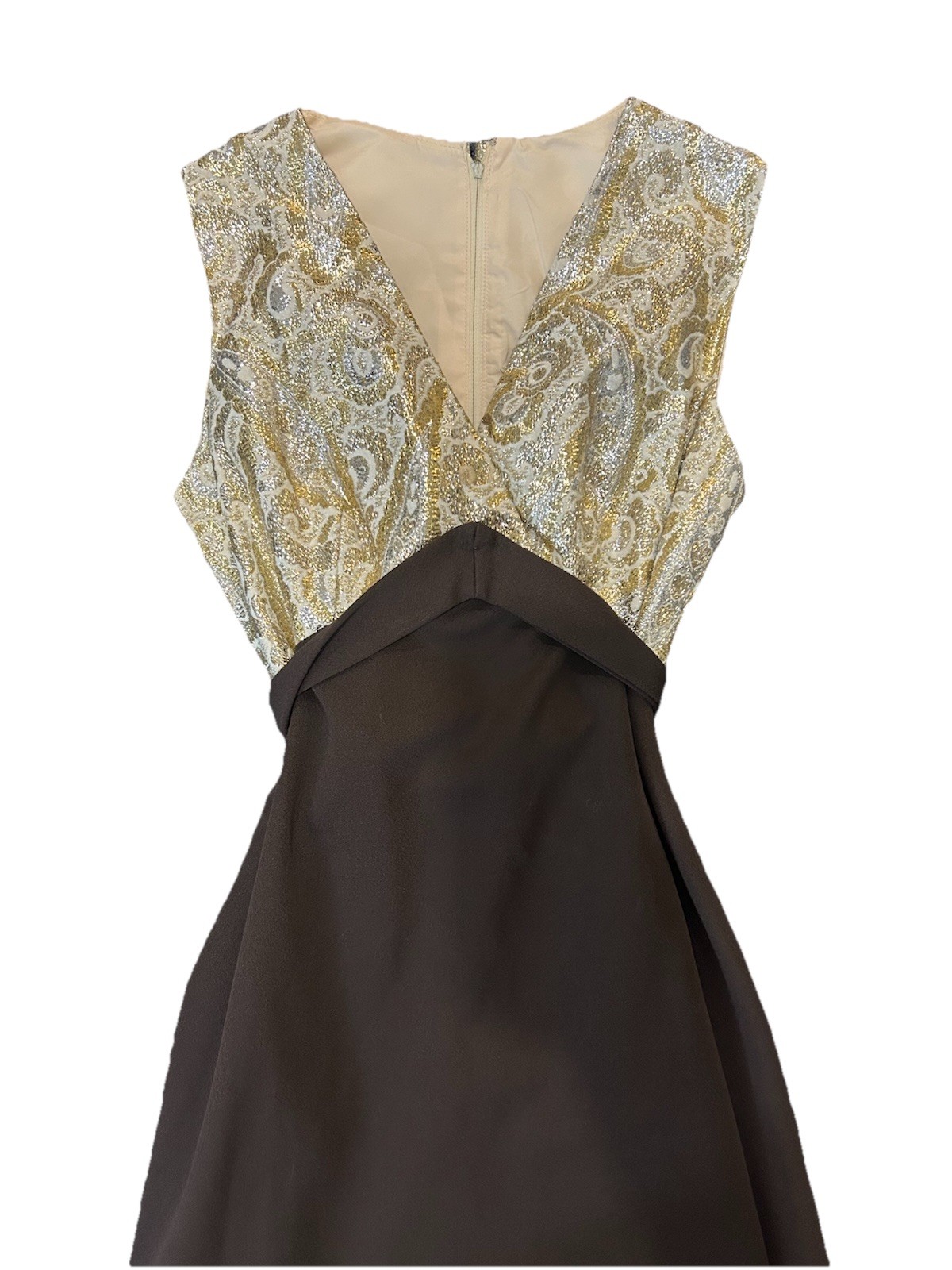 VTG 70s Handmade Polyester Maxi Dress Brown Gold Silver Sleeveless Tie Waist SM