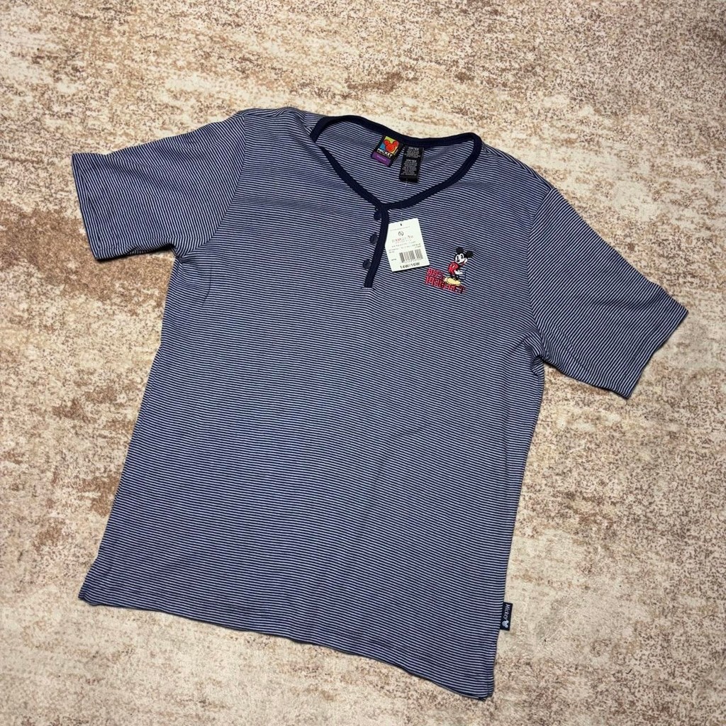 Vintage 1990s Mickey Unlimited Striped Embroidered Mickey Mouse Henley T-Shirt W