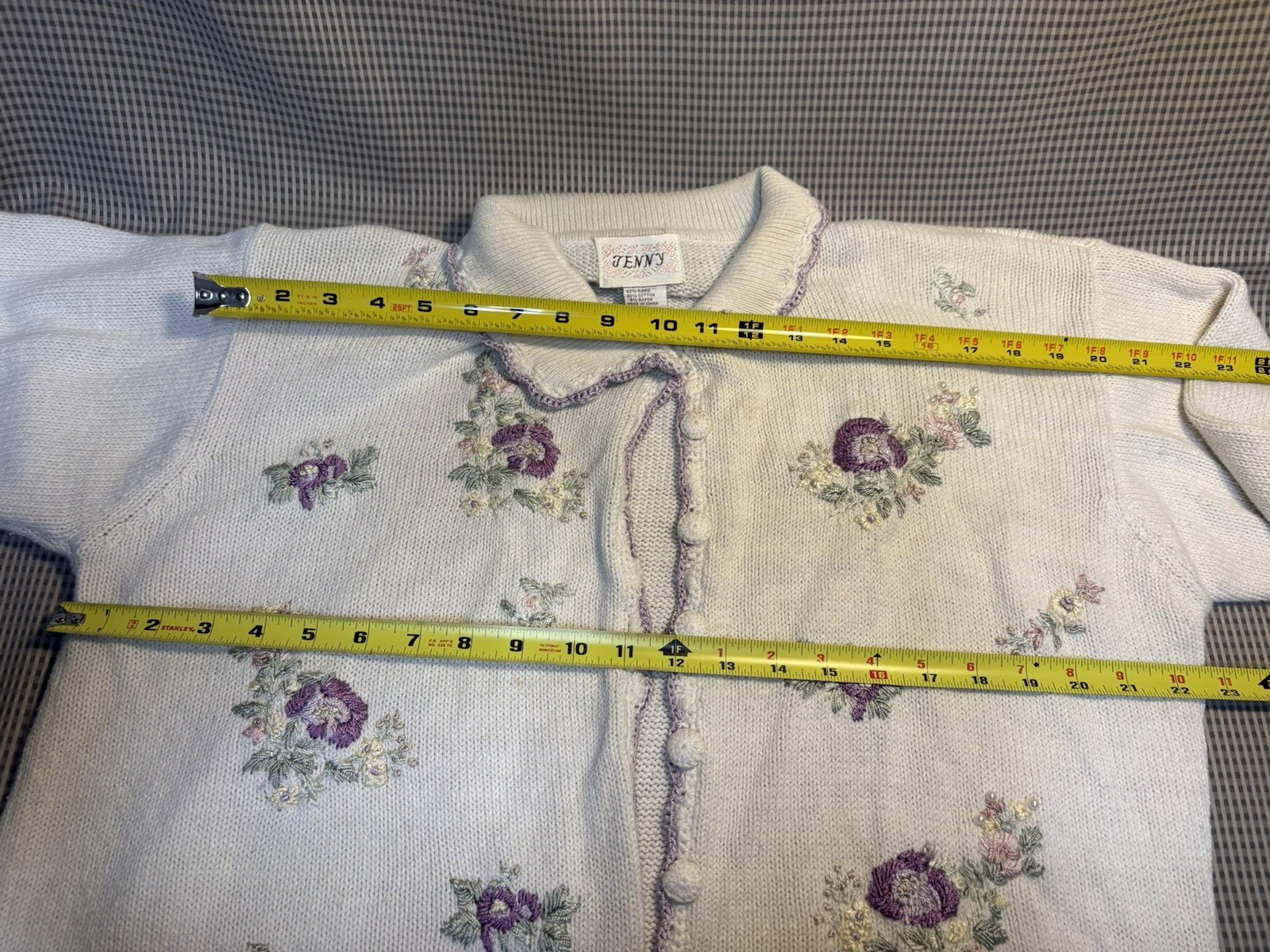 Vintage 90s Jenny White Knit Cardigan Purple Floral Embroid Grannycore Women’s L