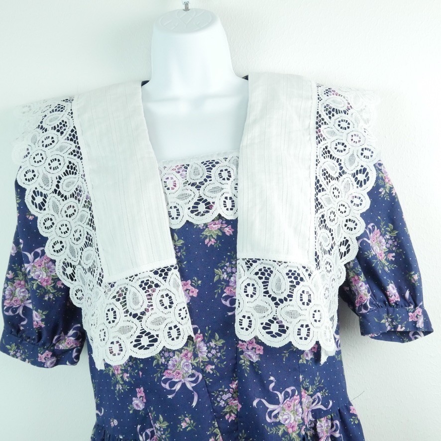 Vintage Floral Lace Collar Midi Dress Cottagecore Puff Sleeve Tea Garden S M 80s