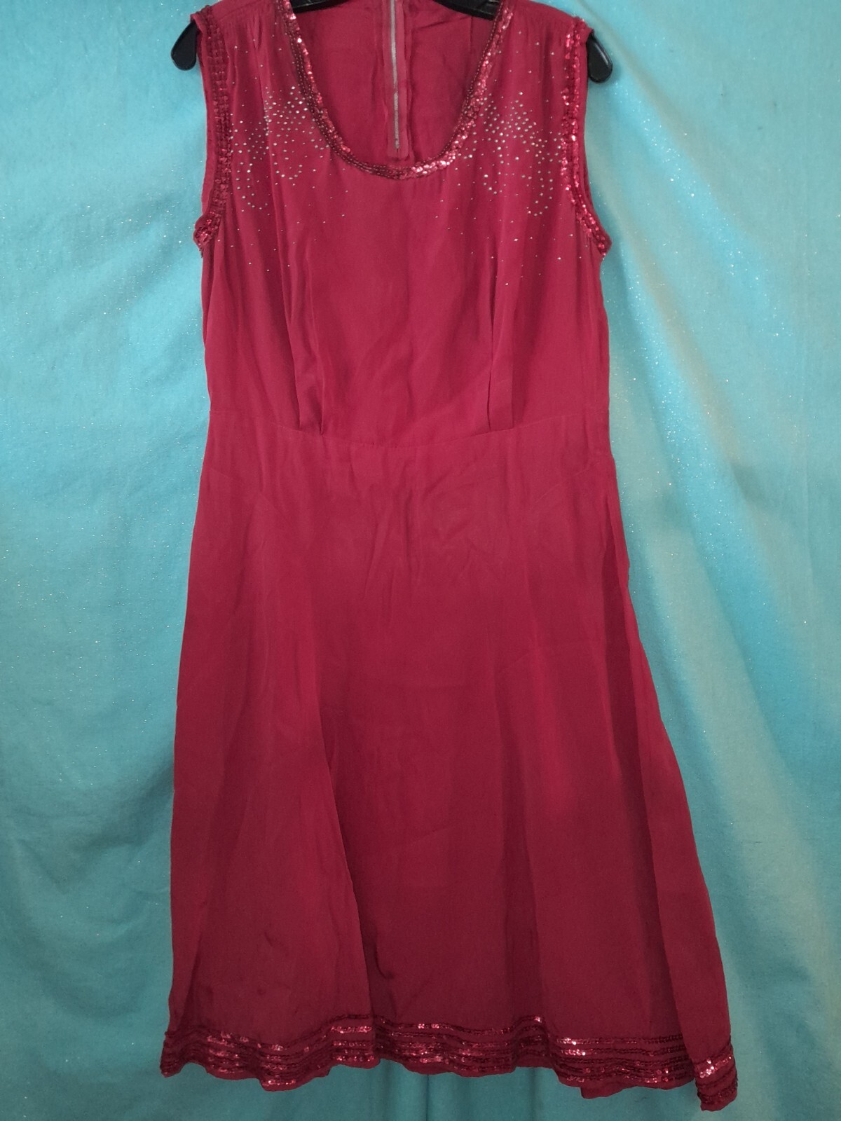 Vtg 30s 40s Red Sequin Rayon Crepe Studded Custom Short Party Evening Dress W30