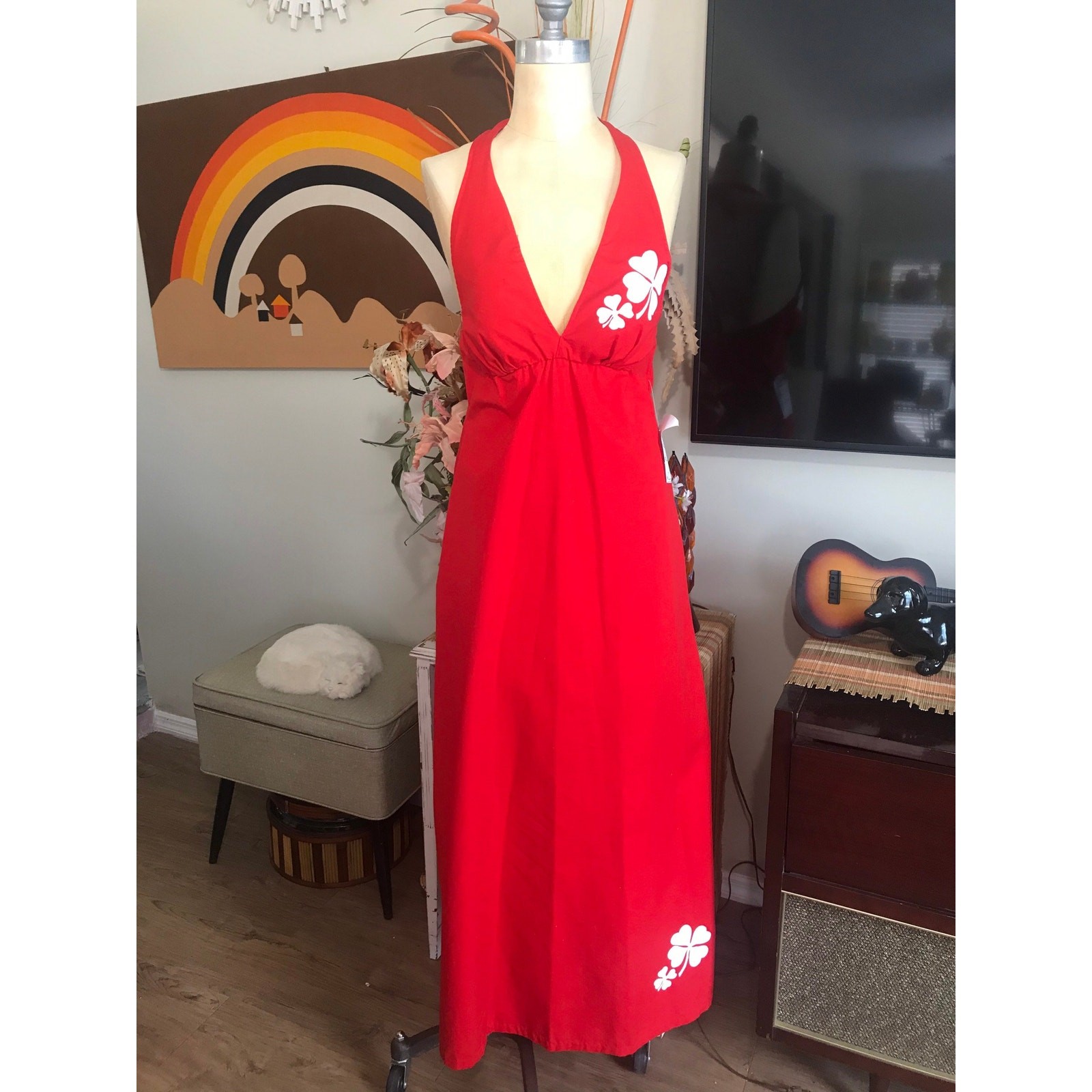 Vintage 1960s Catalina California Halter Maxi Dress Red White Clover Cotton Duck