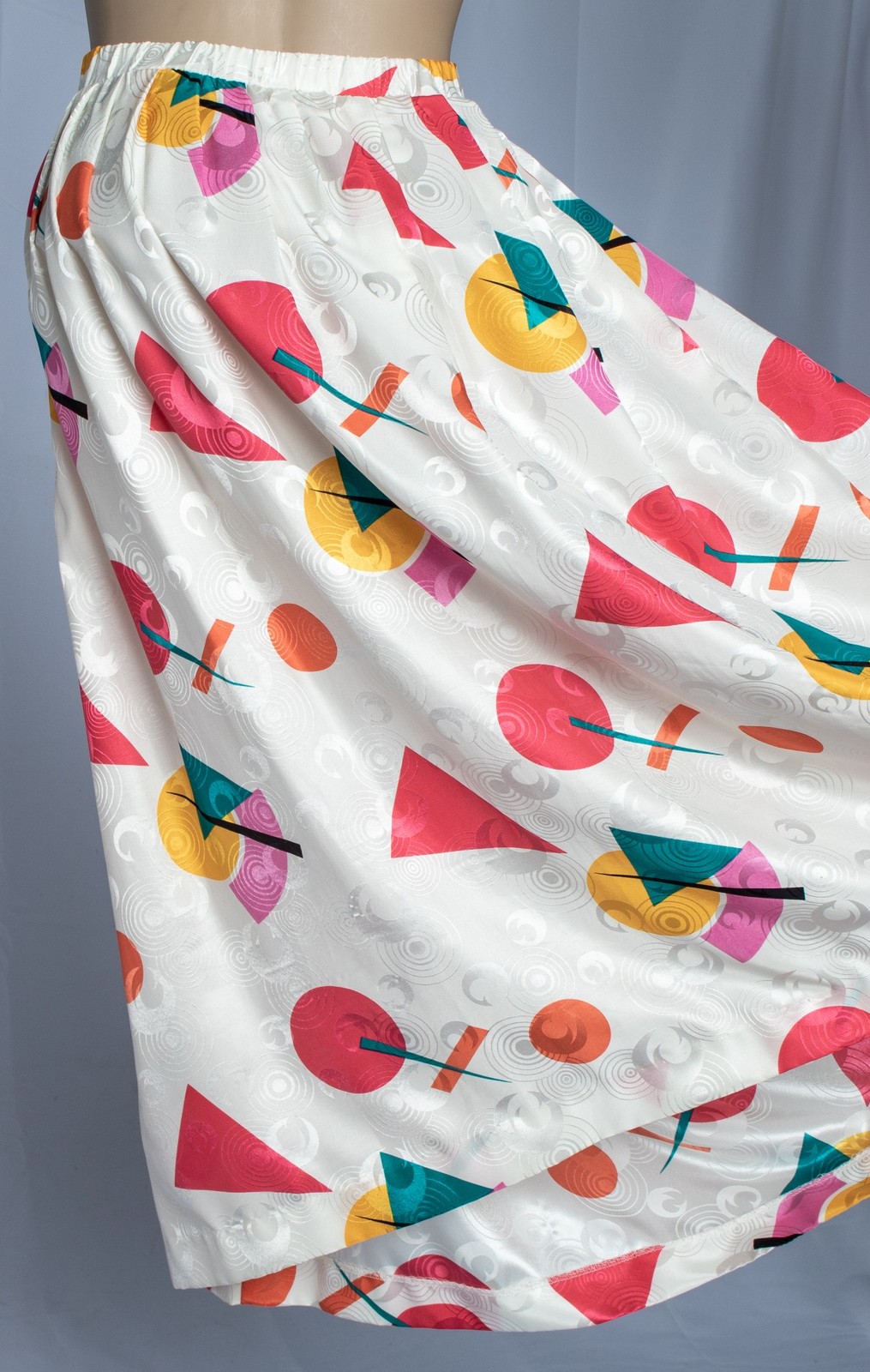 1980s Vintage Satin Jacquard Midi Skirt New Wave Postmodern Memphis Colorful L