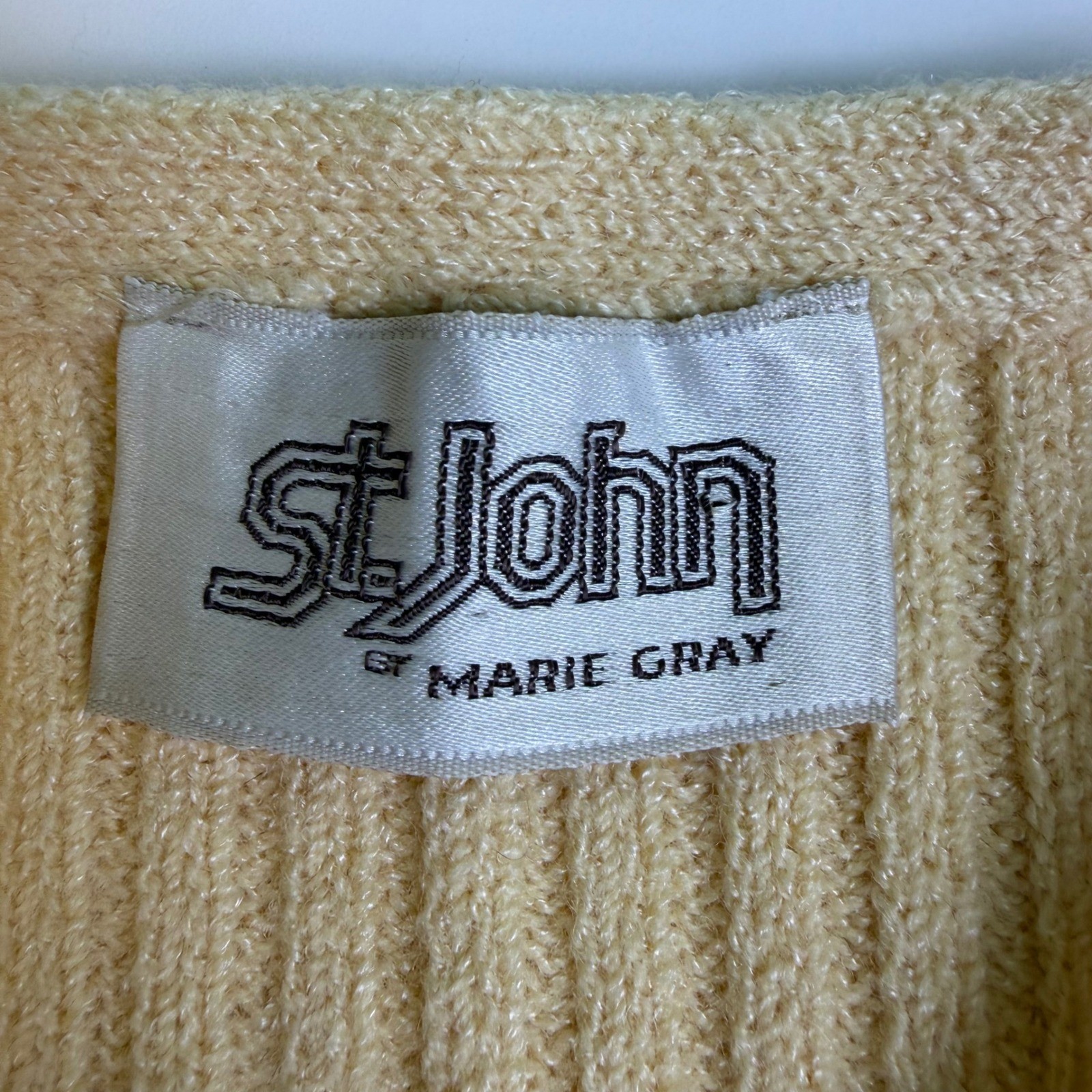 Vintage St John by Marie Gray Womens M Skirt Set Peach Knit Ribbed Tie Front Top