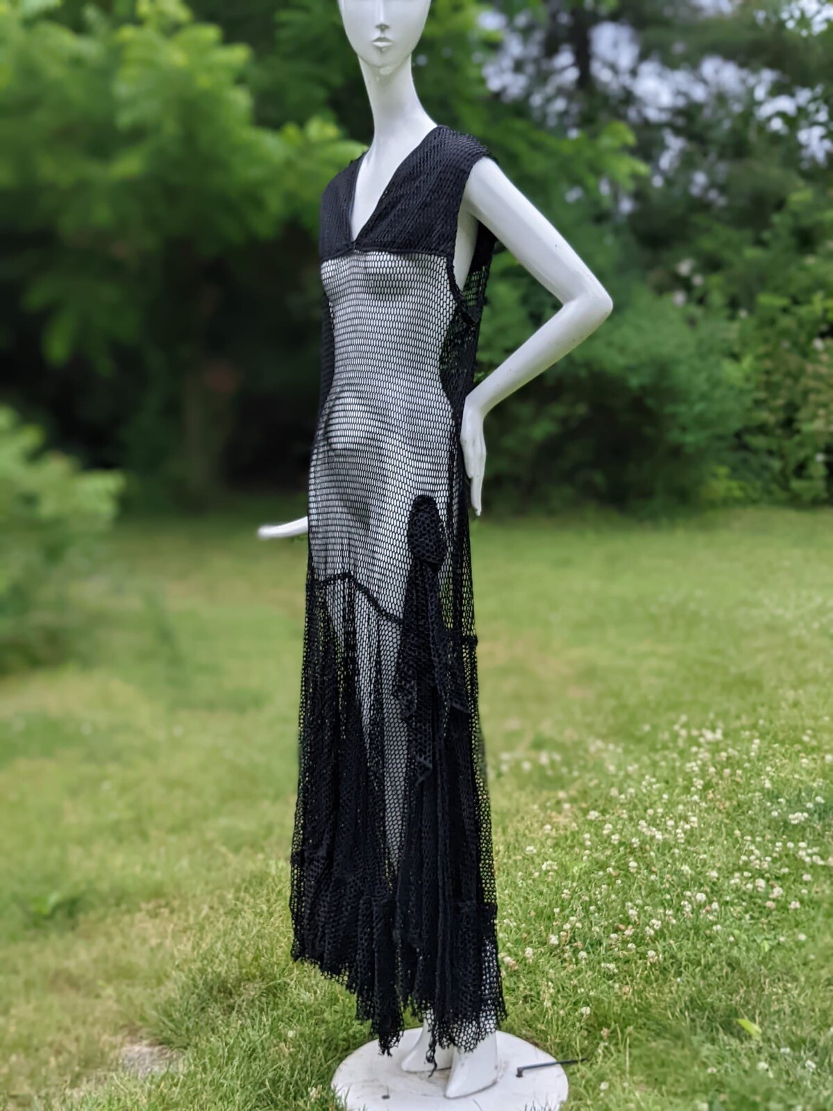 ALLURING FLAPPER 1920’S BLACK FISHNET DRESS W DRAPE TAILS AT SIDE 