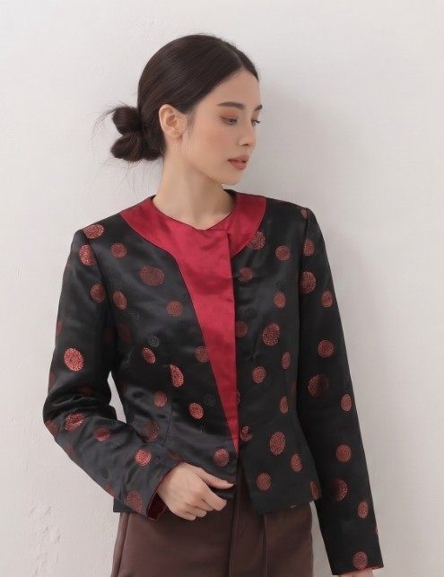 VTG 80’s does 30s Inspired Red Black Satin Brocade Asian Motif Jacket S M Gigi