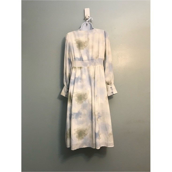 Petite Studio Pastel Blue Olive Tie-Dye V-Neck Midi Dress Puff Sleeve Sz S