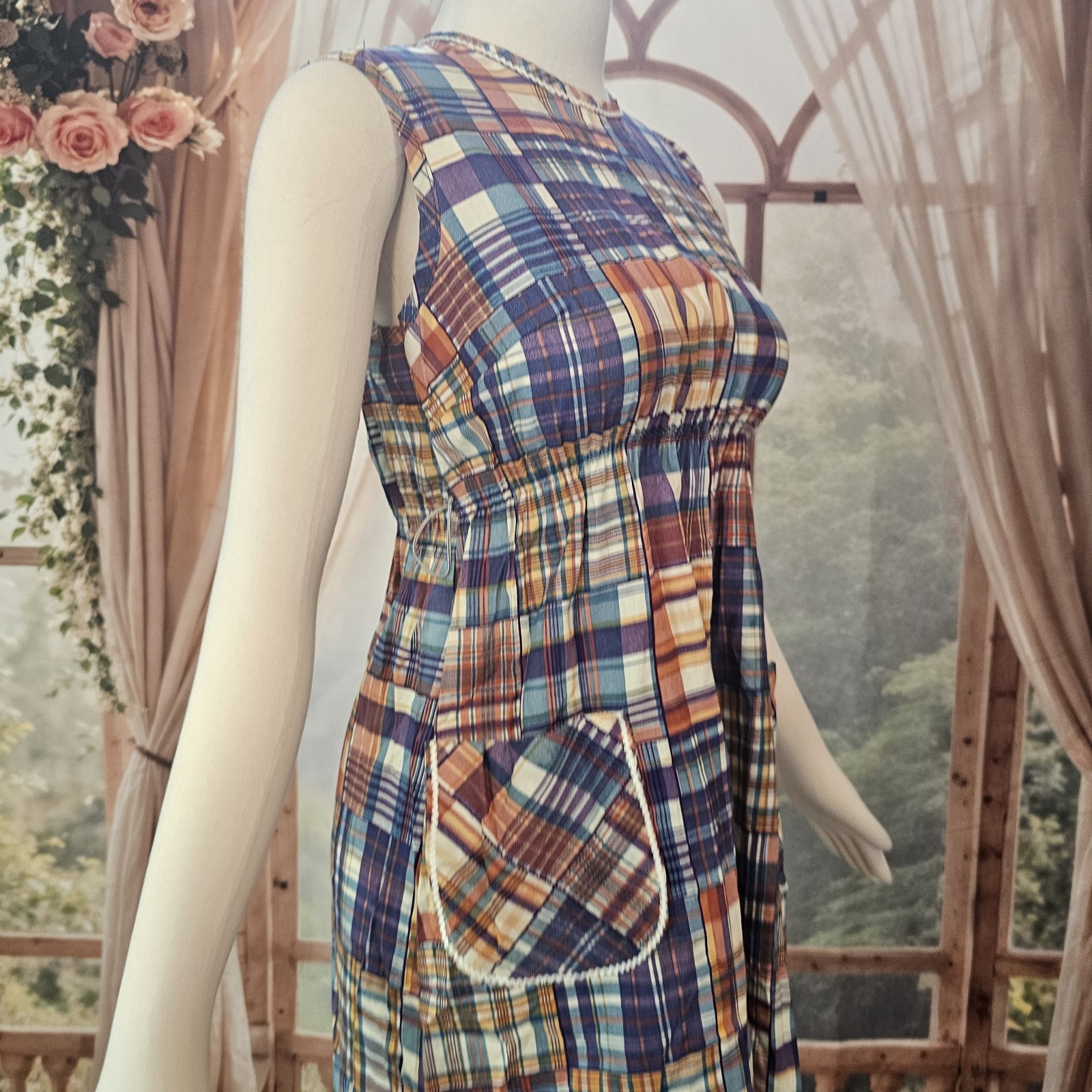 Vintage DEADSTOCK 1960’s Dress Fitted Patchwork Print Scalloped Hemlime NWT