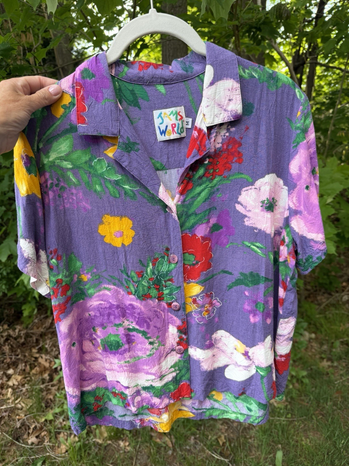 Vintage 90s JAMS WORLD purple floral Hawaiian Dancing Bouquet shirt beach M