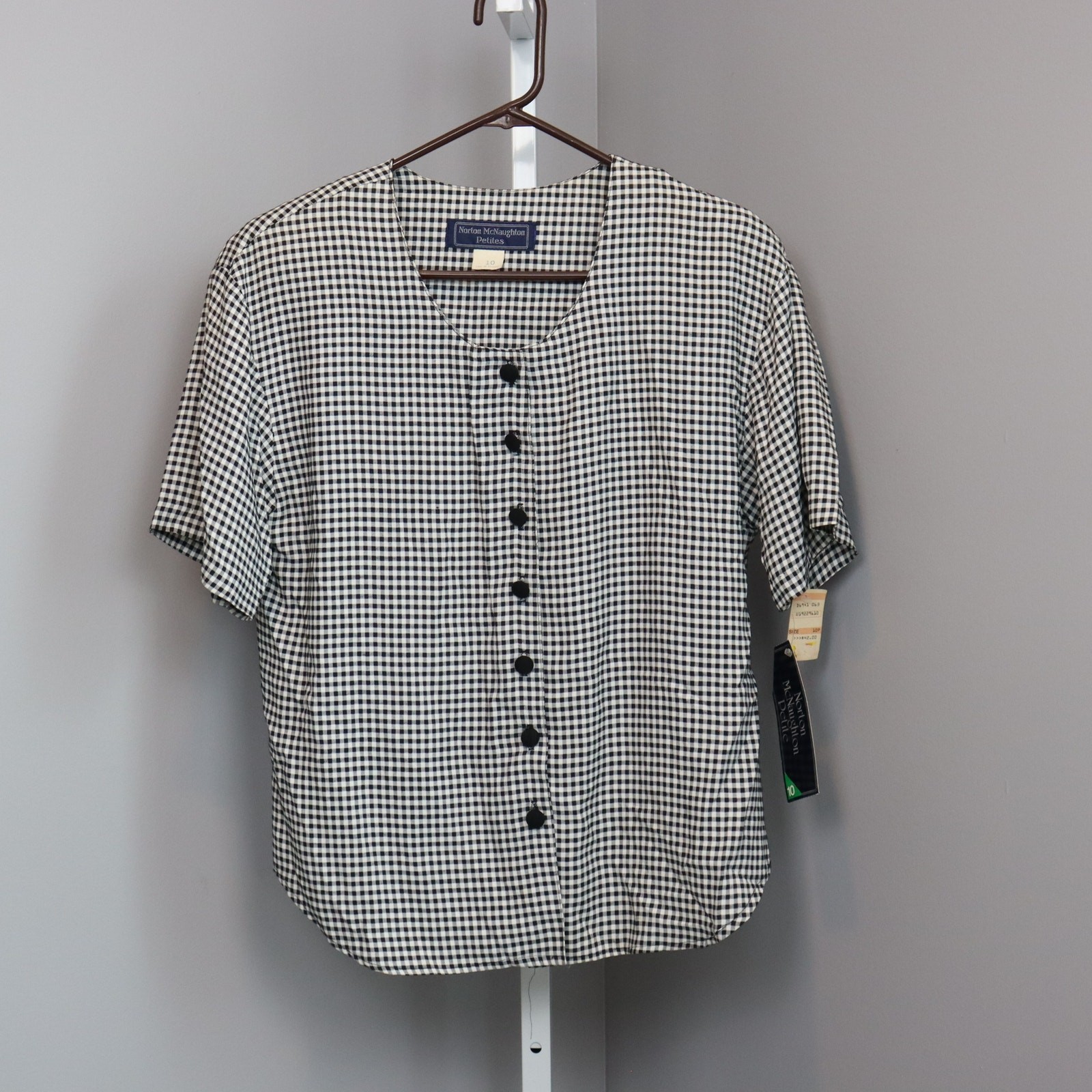 NWT Vintage Norton McNaughton Petites Gingham Blouse Size 10P Black White Check