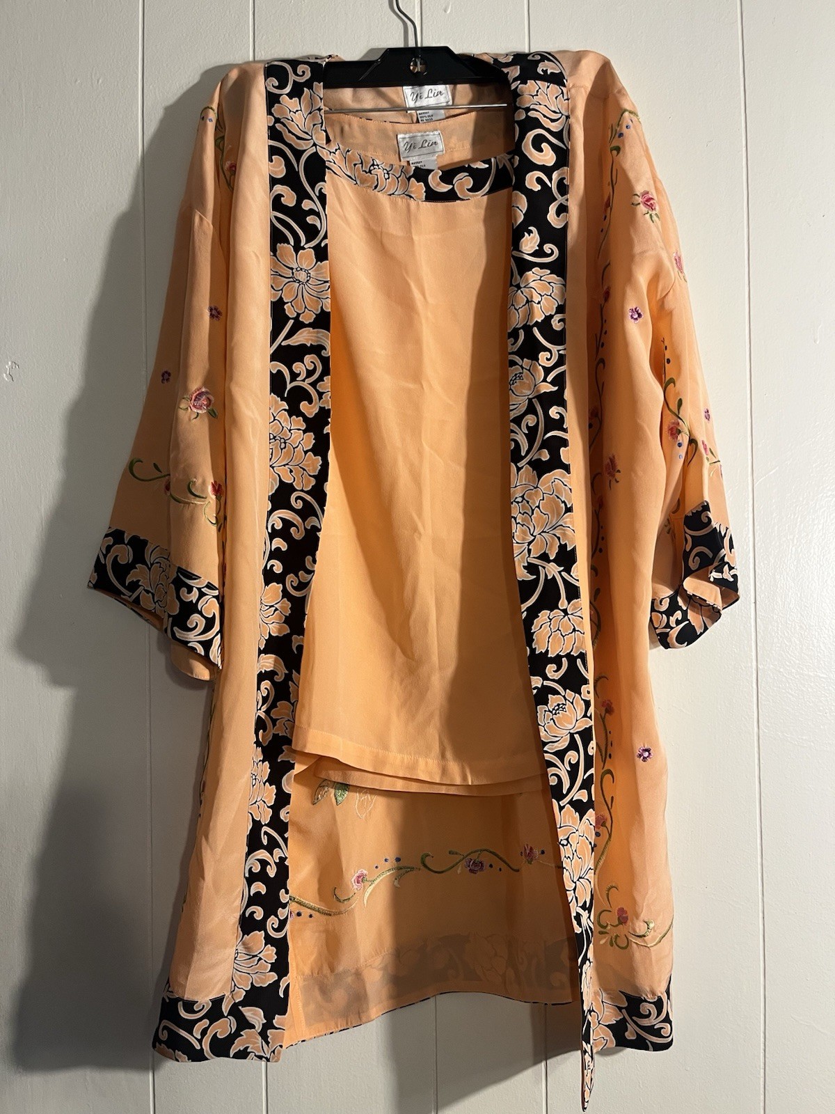 Vintage Silk 2-pc Set Yi Lian Embroidered Floral Kimono Jacket & Tank Top Sz 14