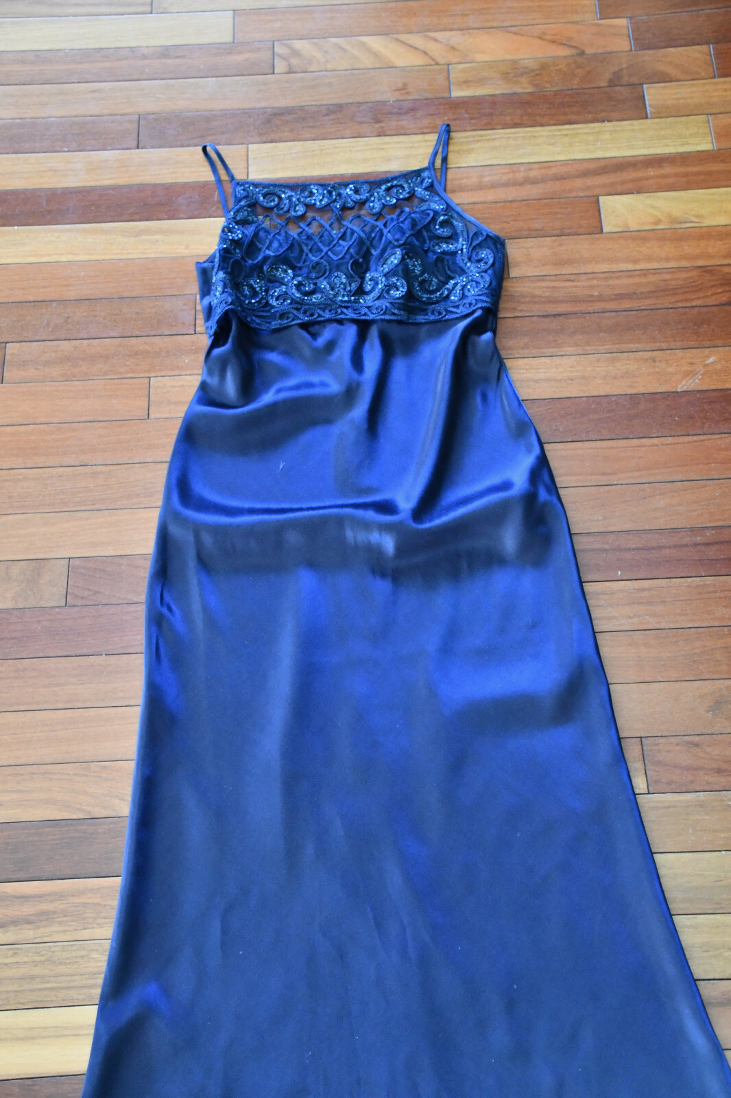 Vintage Satin Formal Evening Dress Dark Blue Sz 9/10 S
