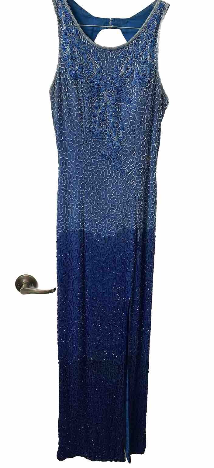 VTG Nye Y2K Precious Formals Silk Blue Ombre Beaded Formal Gown Dress Read N Sz
