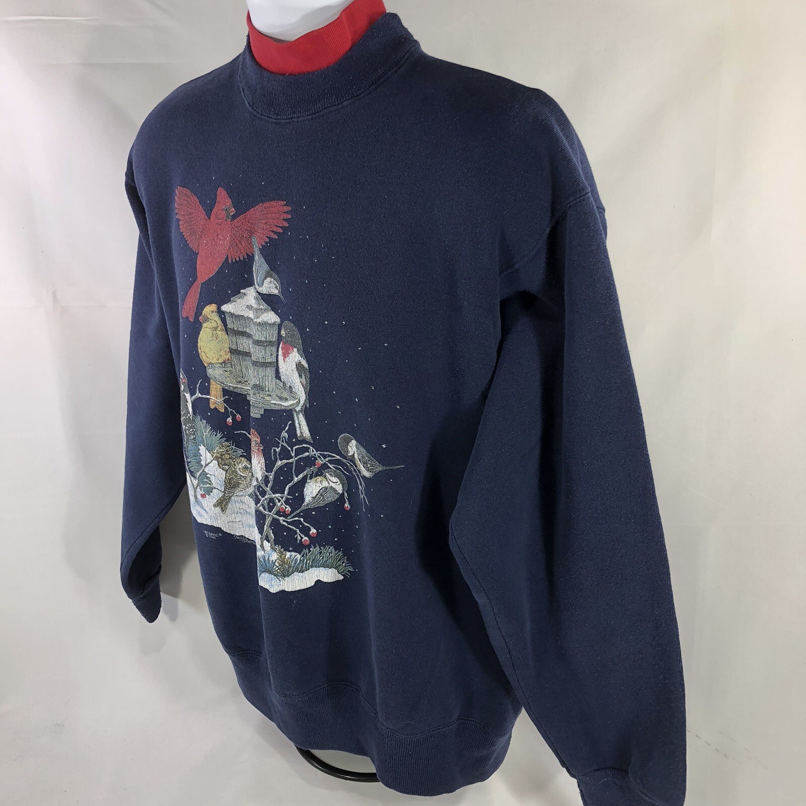 Vintage Cardinal Bird Feeder Winter Sweatshirt Layered Neck USA Made Large 90s