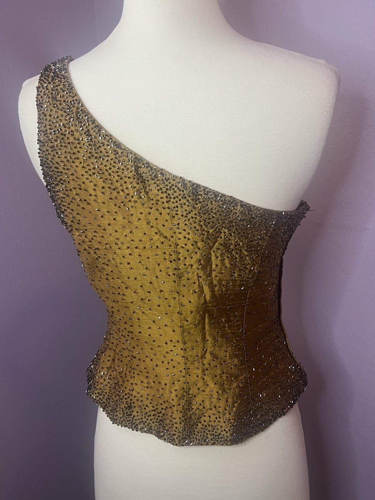 Vintage 80’s Mike Benet Formal One Shoulder Gold Beaded Evening Bodice Top 8