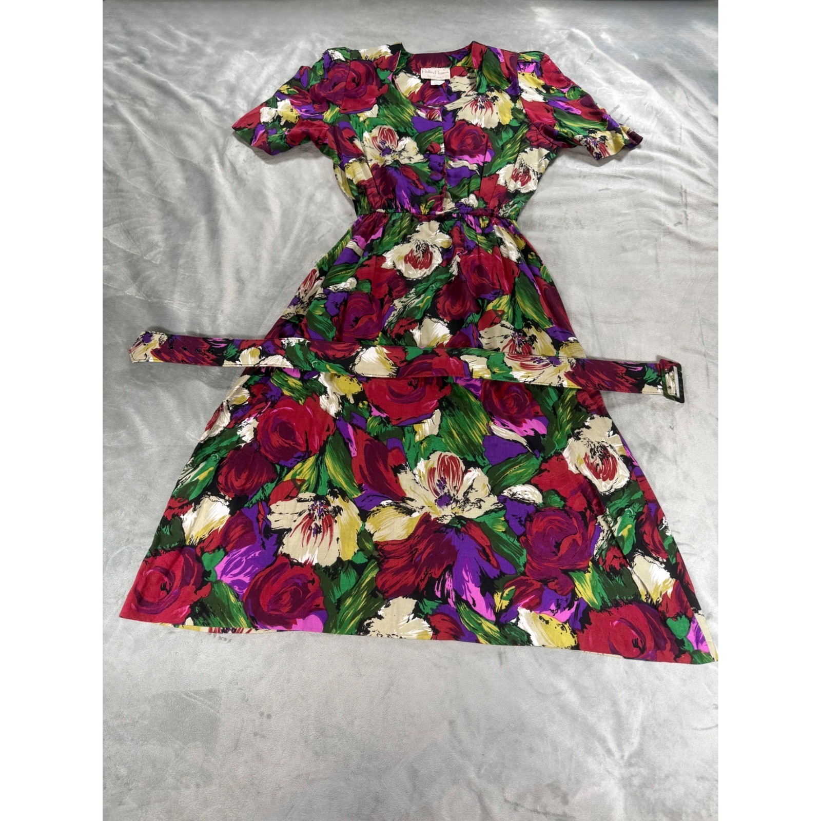 VTG Pellini Petites by Von Bramlett Belted Floral Dress 80’s Sz 3/4 Made In USA