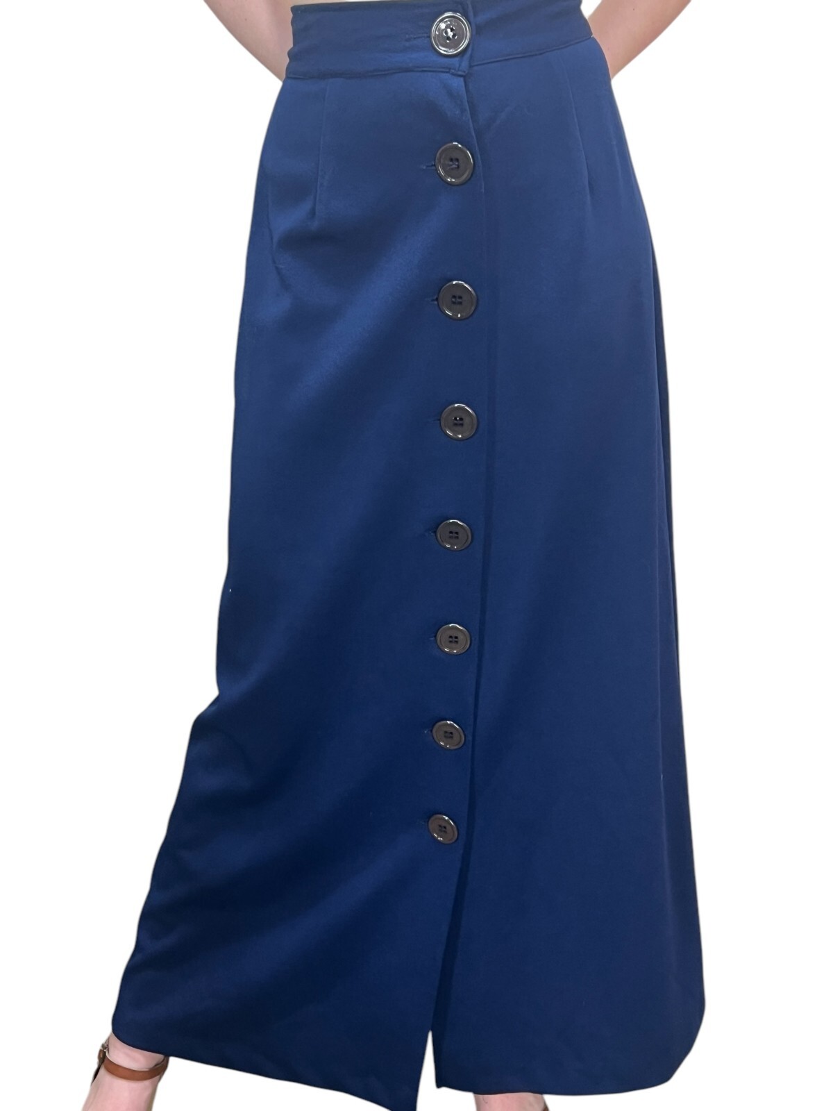 Sz S Vtg 60s 70s MAXI Skirt Button Front Navy Blue Textured Knit