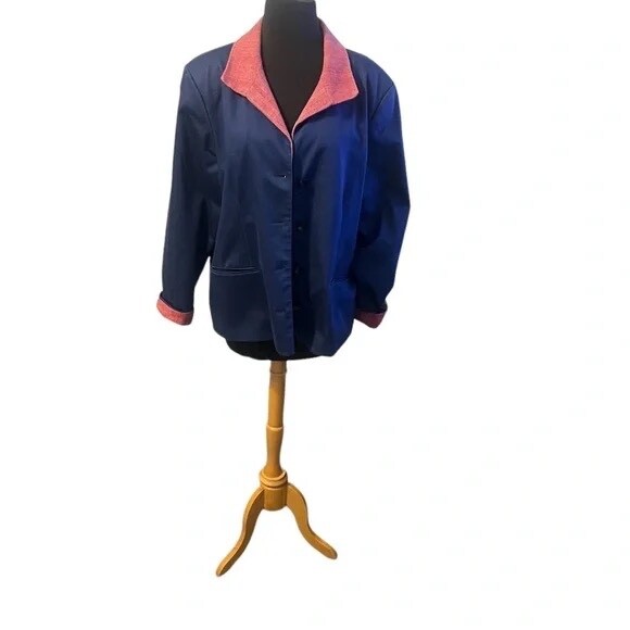 Bleyle Women’s Vintage Blue Collared Chore Coat With Red Collar, Size 18