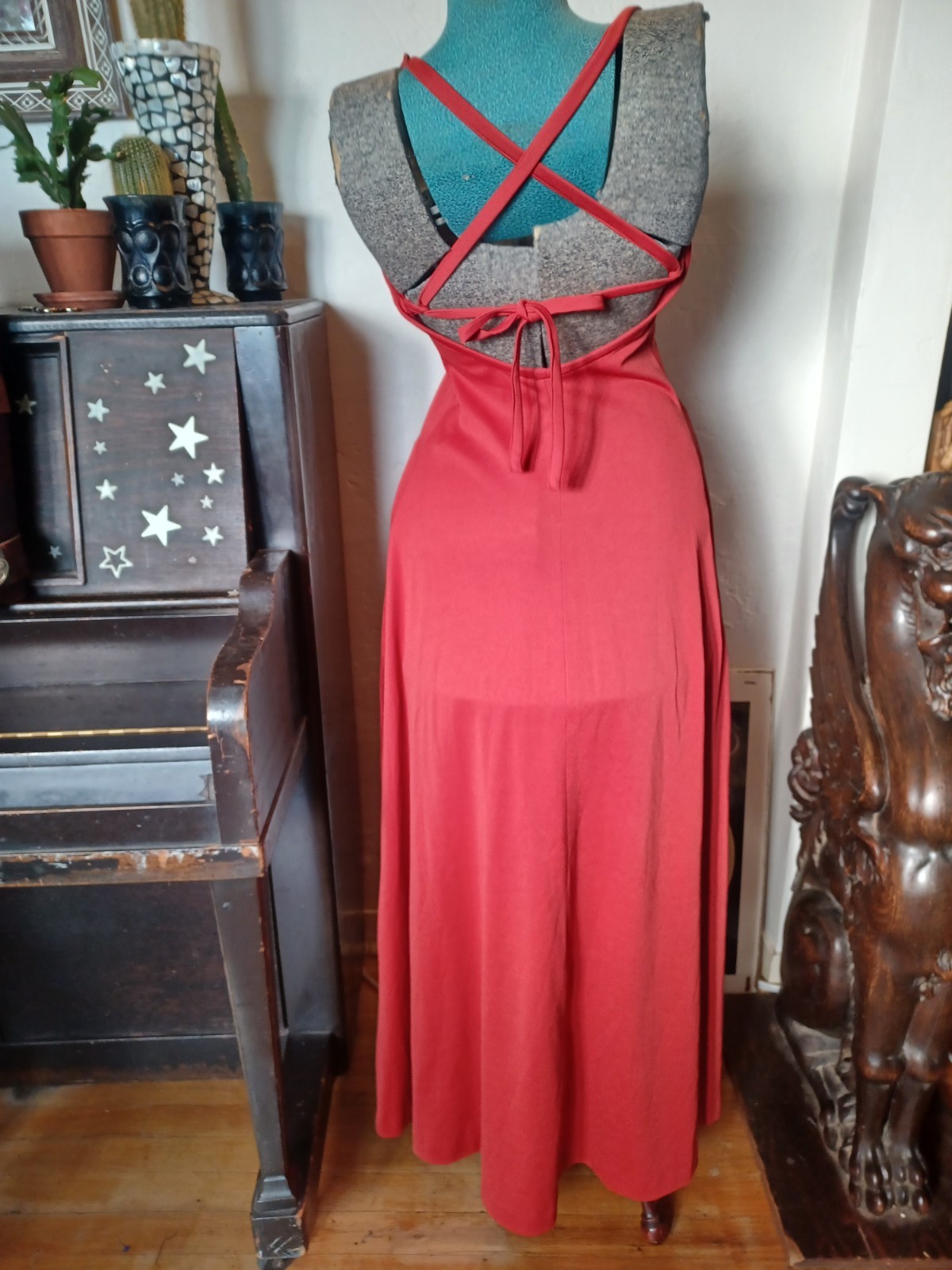 Vintage 1970s Orange-Red Strappy Disco Maxi-dress