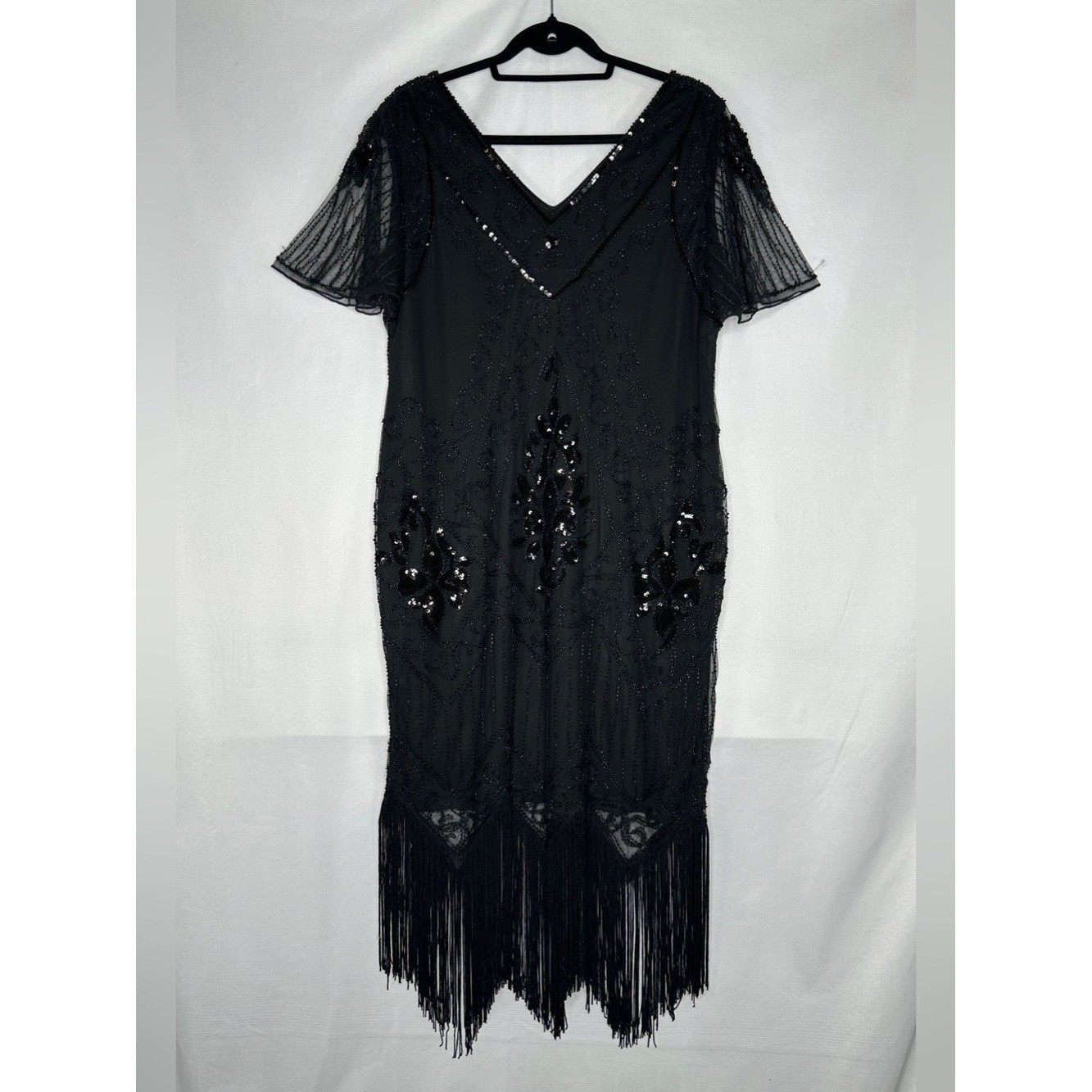 Pretty Guide Retro Dress Black Sequins Fringe V-neck Great Gatsby Sz 3 XL