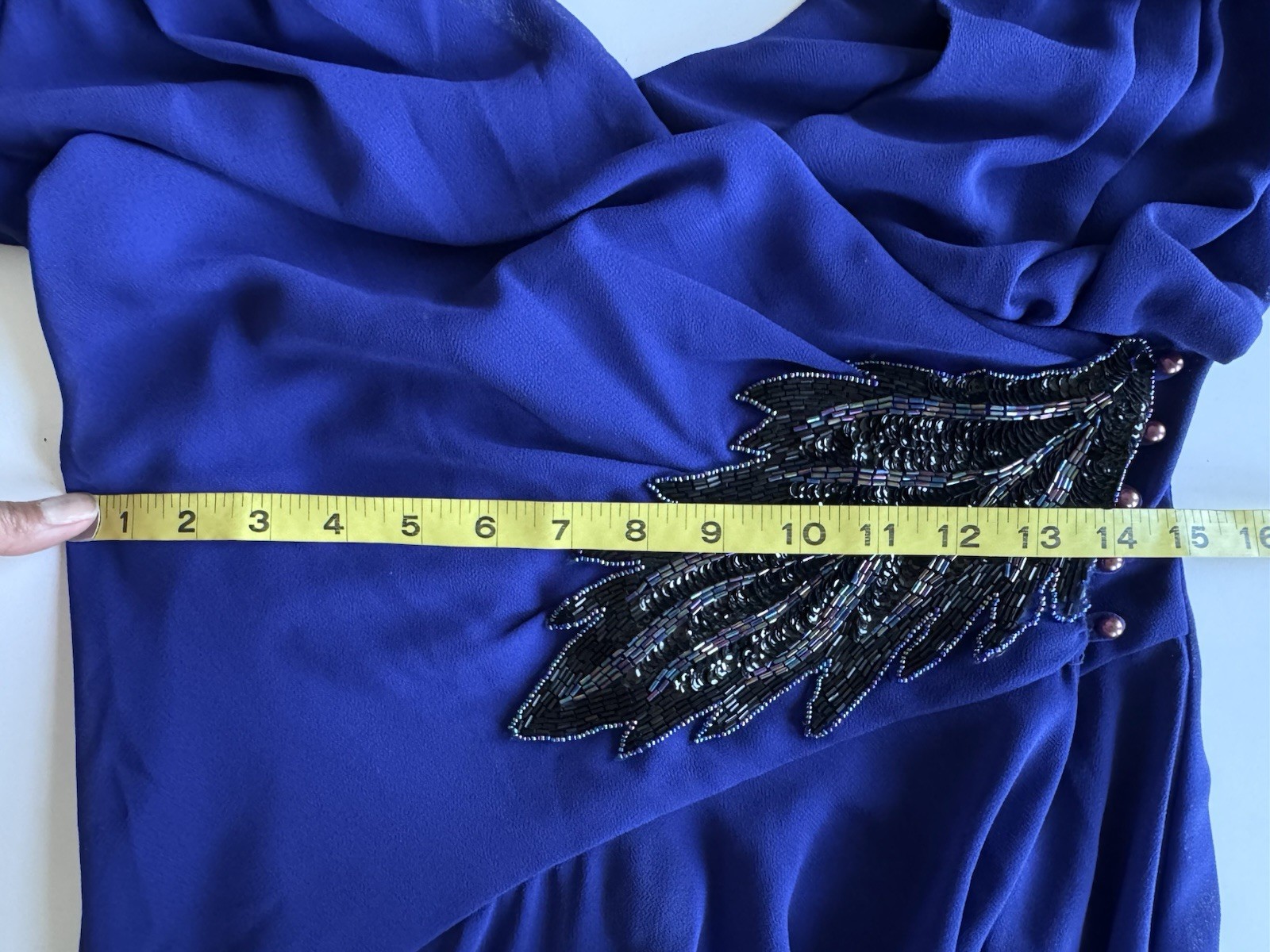 Vintage 80s Casadei Blue Long Sleeve Beaded Sequin Waist Fit Flair Midi Dress 10
