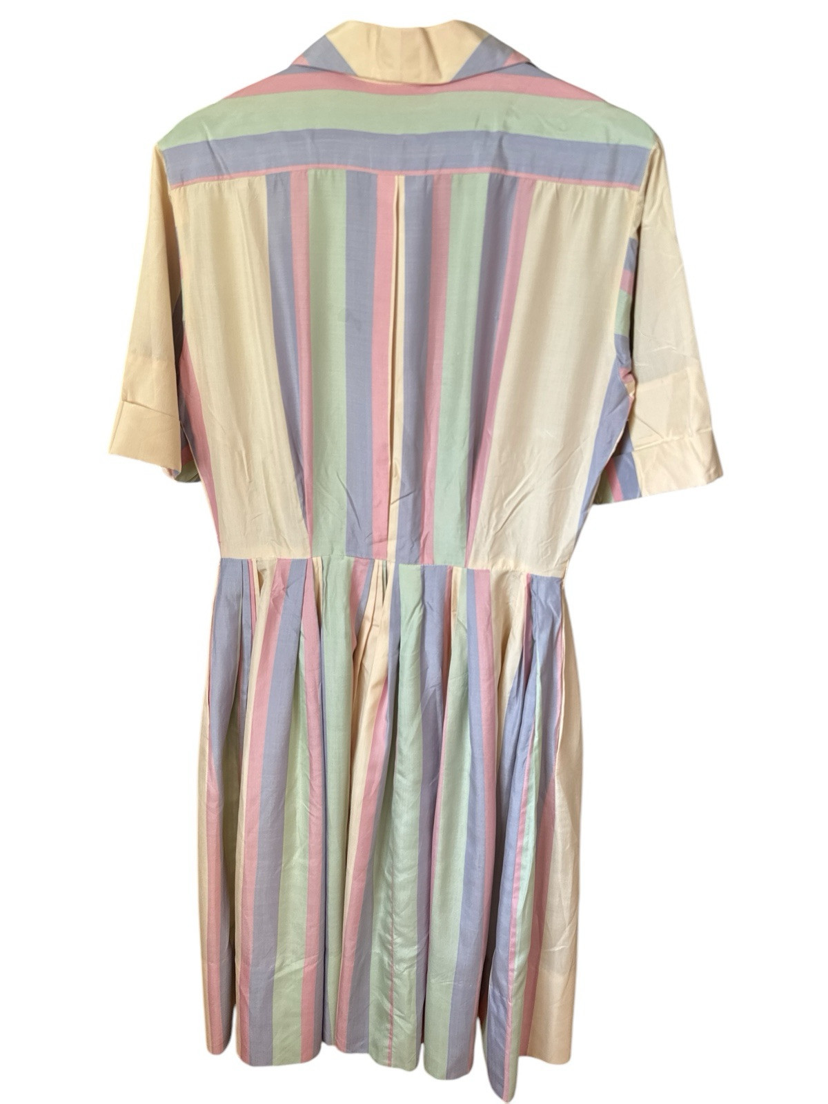 Vtg Miss Serbin Pastel Stripe Shirt Dress Pockets Size 16 Pink Purple Green 28”
