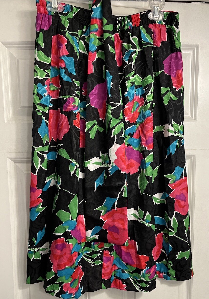 Vtg 80s Anthony Sicari Small Bright Abstact Floral Satin Midi Skirt Belt Sash