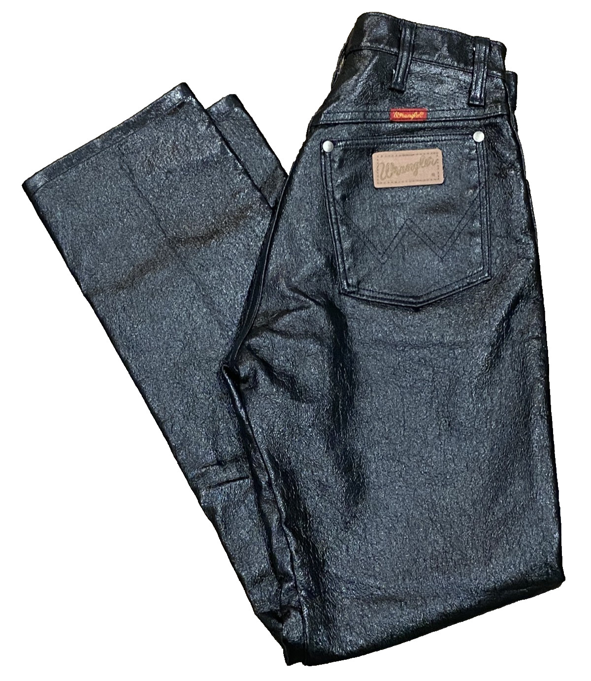 VTG Wrangler Vinyl Black Jeans PVC Shiny USA Made Grease Olivia Pants 7×34 Rare