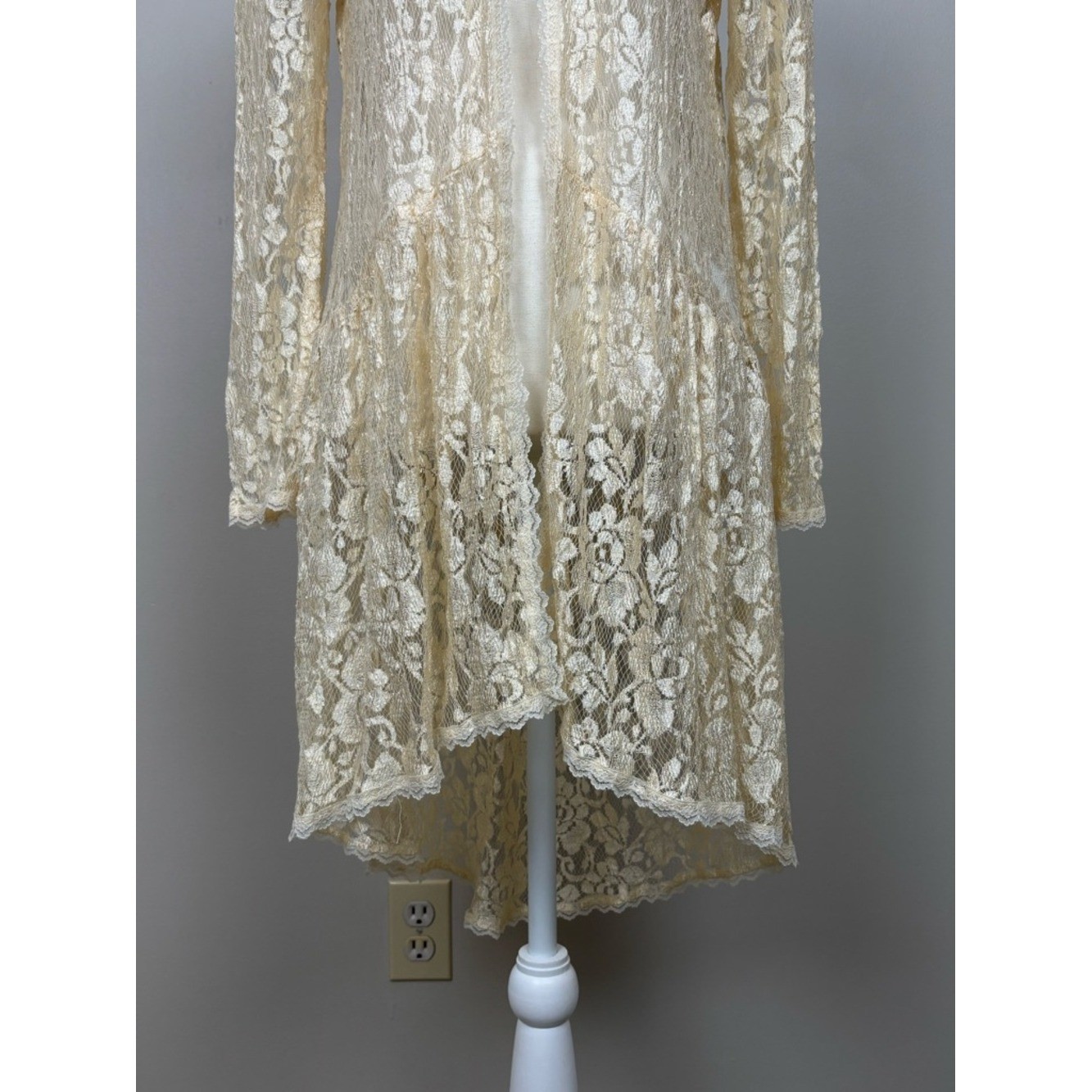 Vtg Jessica McClintock Top Women Lg Cream Lace Tunic Cardigan Victorian Coquette
