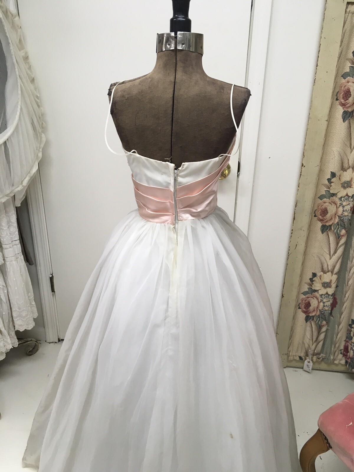 1950s Prom Dress White Tulle Fabric Pink Satin Ribbon Millinery Flowers #14