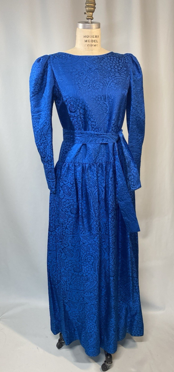 Vintage Dress SIZE LARGE blue Thai silk jacquard long sleeve 80s 90s handmade