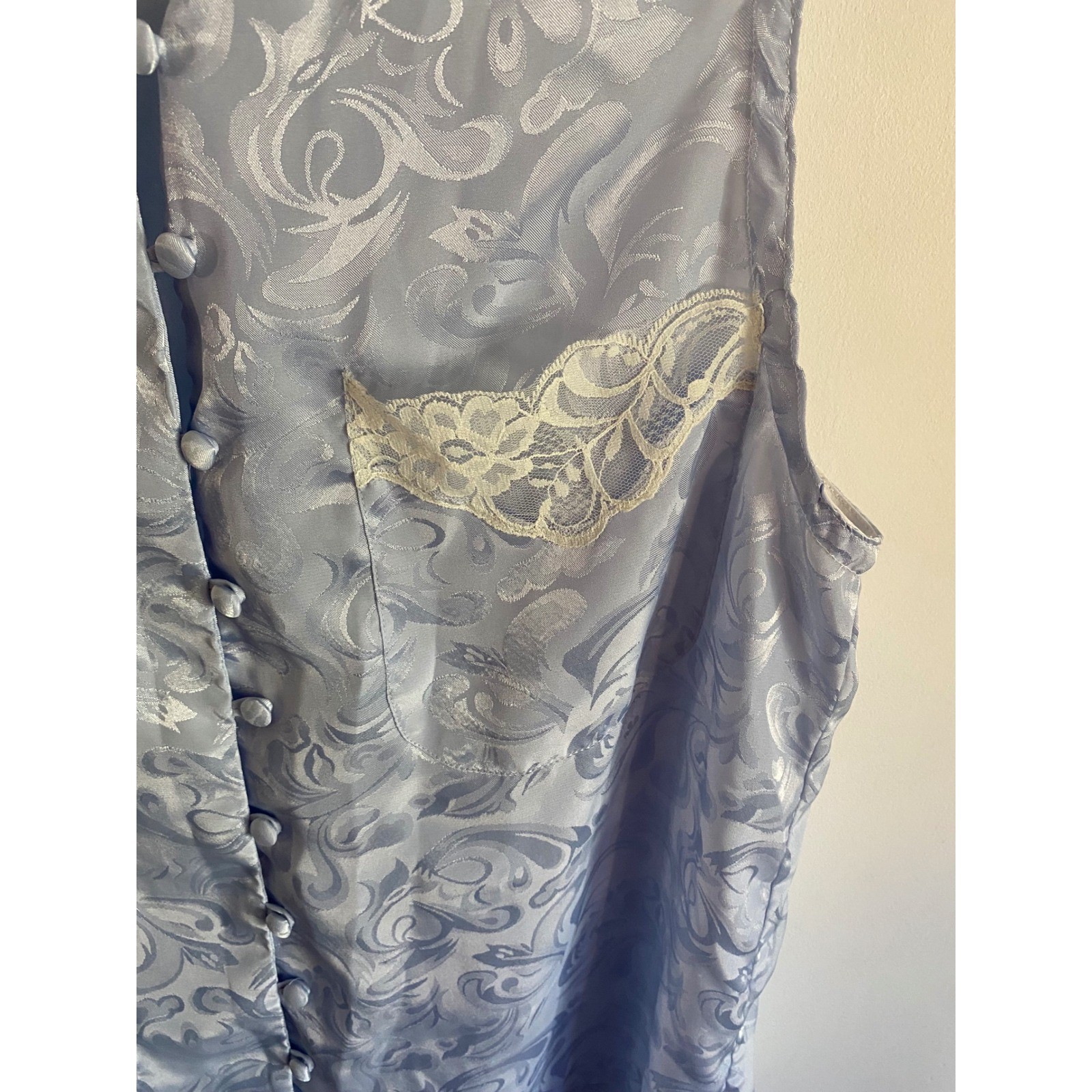Partners Vintage Light Blue Satin Jacquard Lace Trim Sleeveless Blouse Small