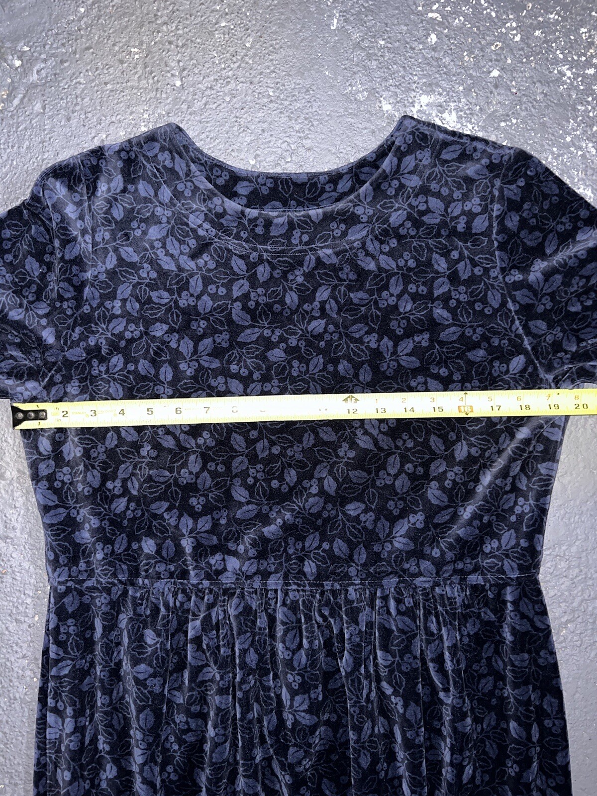 Vintage 90s LL Bean Dress Womens S/M Blue Floral Berries Pullover Midi Velour