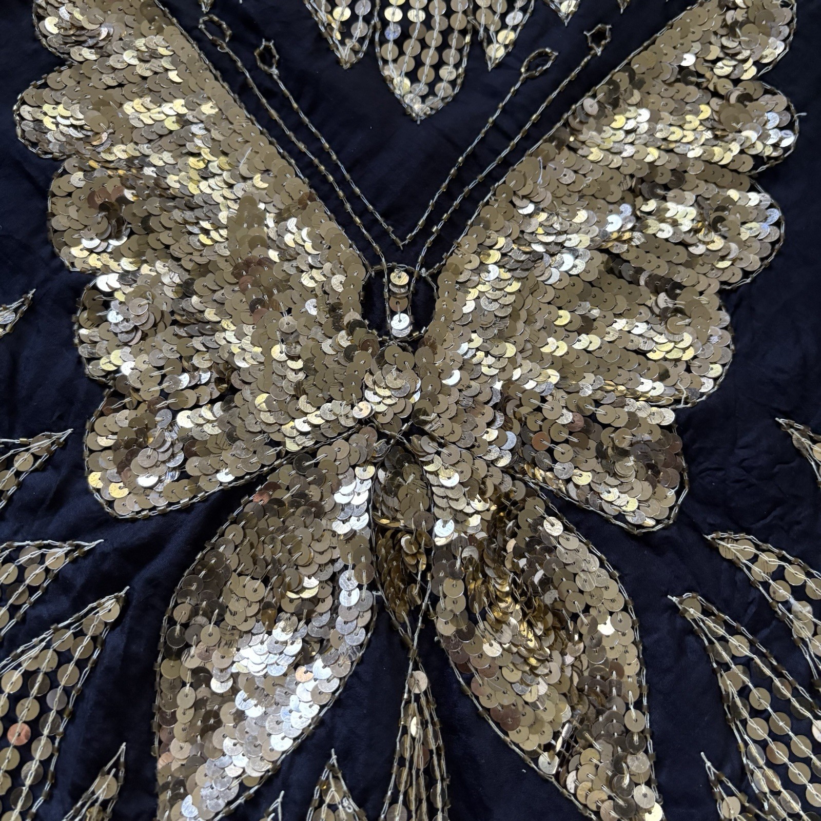 Vintage NIRAJ Silk Sequin Butterfly Blouse Top Black Gold Batwing Dolman Size M