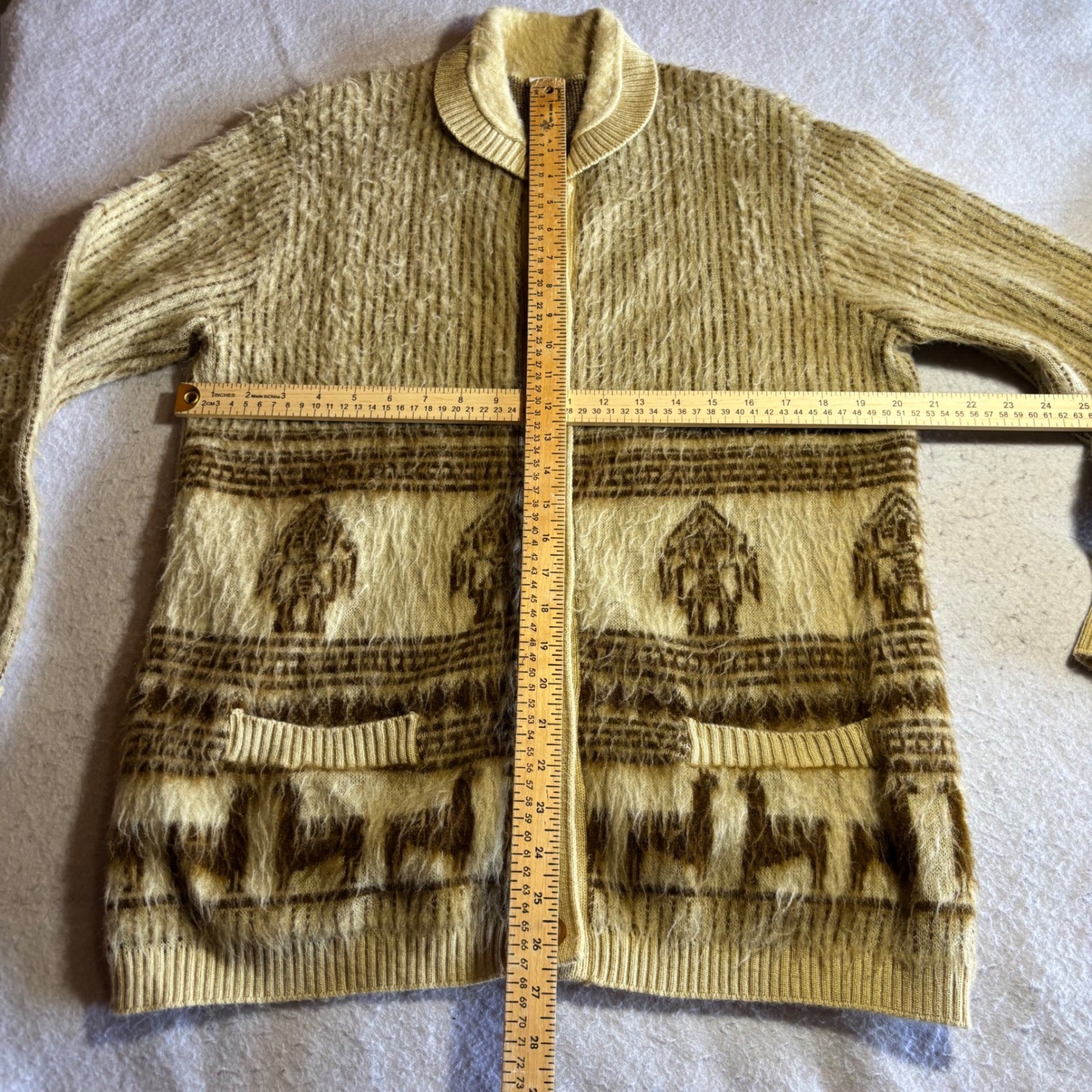 Vintage Ogniotex Llama Alpaca Wool Shaggy Fuzzy Cardigan Sweater XL Collar Brown