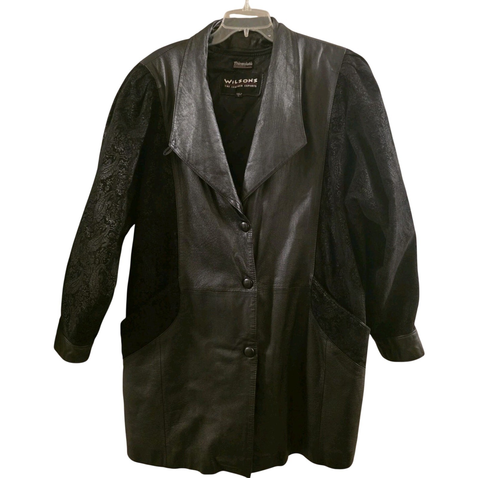 Vintage 90s Wilsons Leather Jacket Paisley Dolman Sleeve Thinsulate Coat Black L