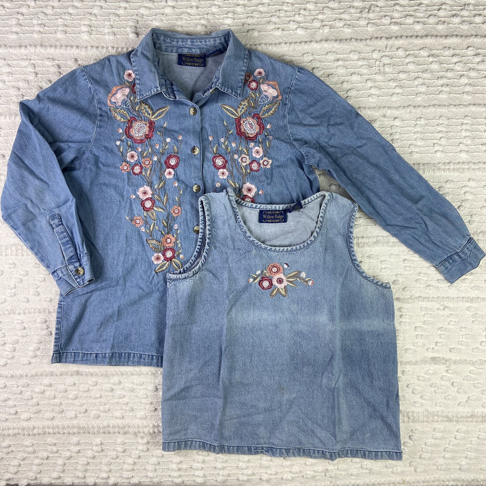 Vtg 2 Pc Set Willow Ridge Denim Women Shirt Tank Top M Petite Embroidered Floral