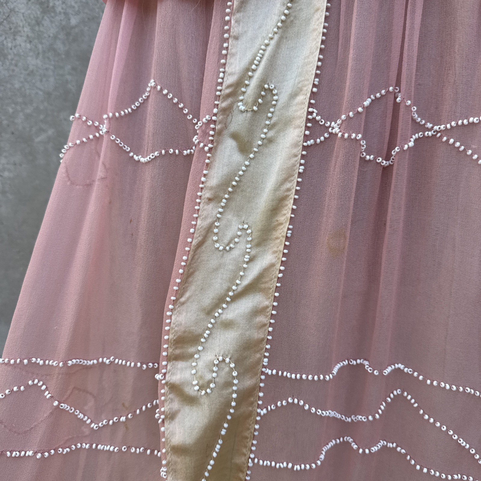 Antique 1920s Pink Silk Chiffon Dress Beaded Waves Oppenheim Collins Vintage