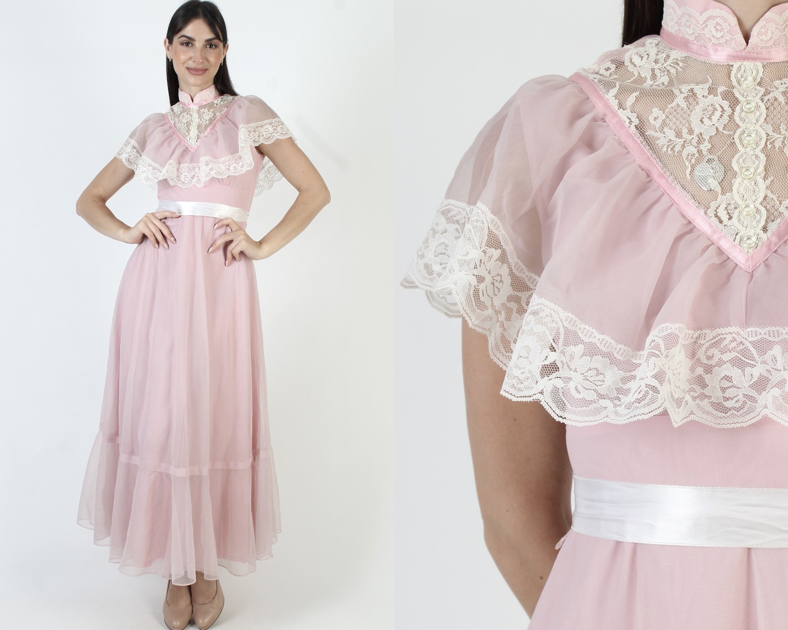 Vintage Pink Boho Wedding Dress Victorian Lace Prairie Barbiecore Bridal Gown