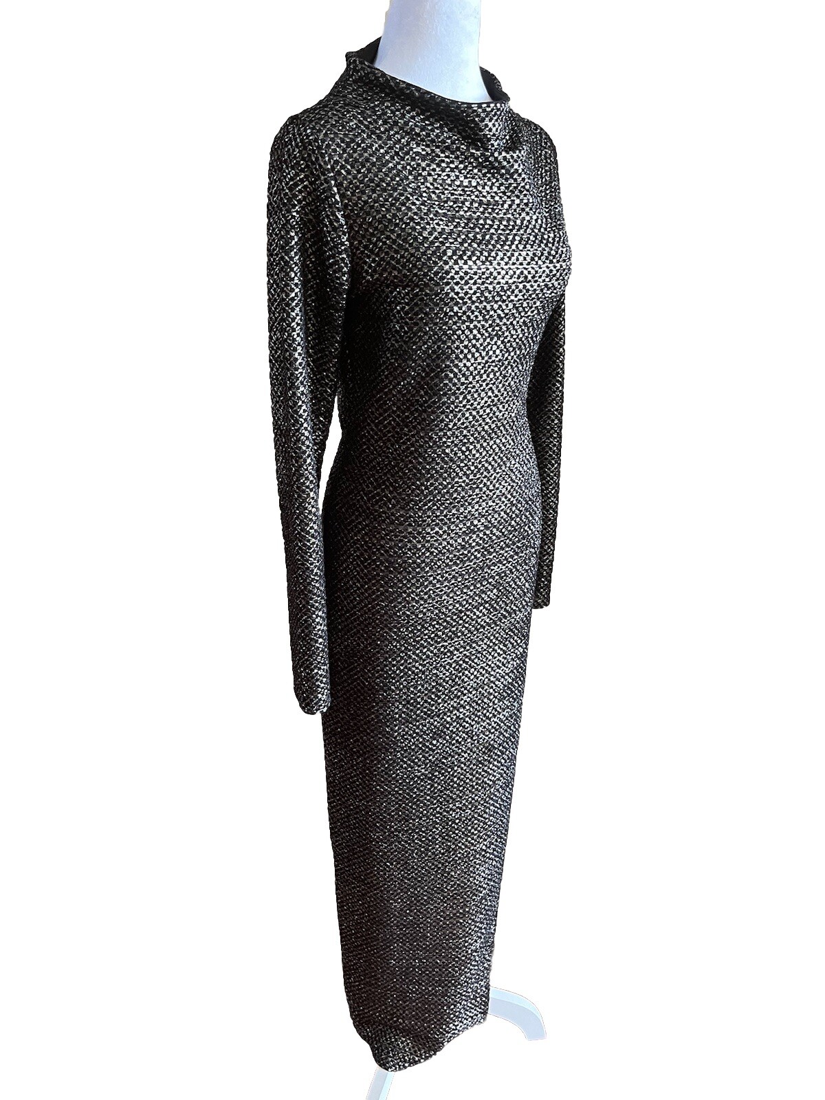 MONACO USA Black & Silver Column Dress Size XS Mock Neck High Slit Vintage 70’s