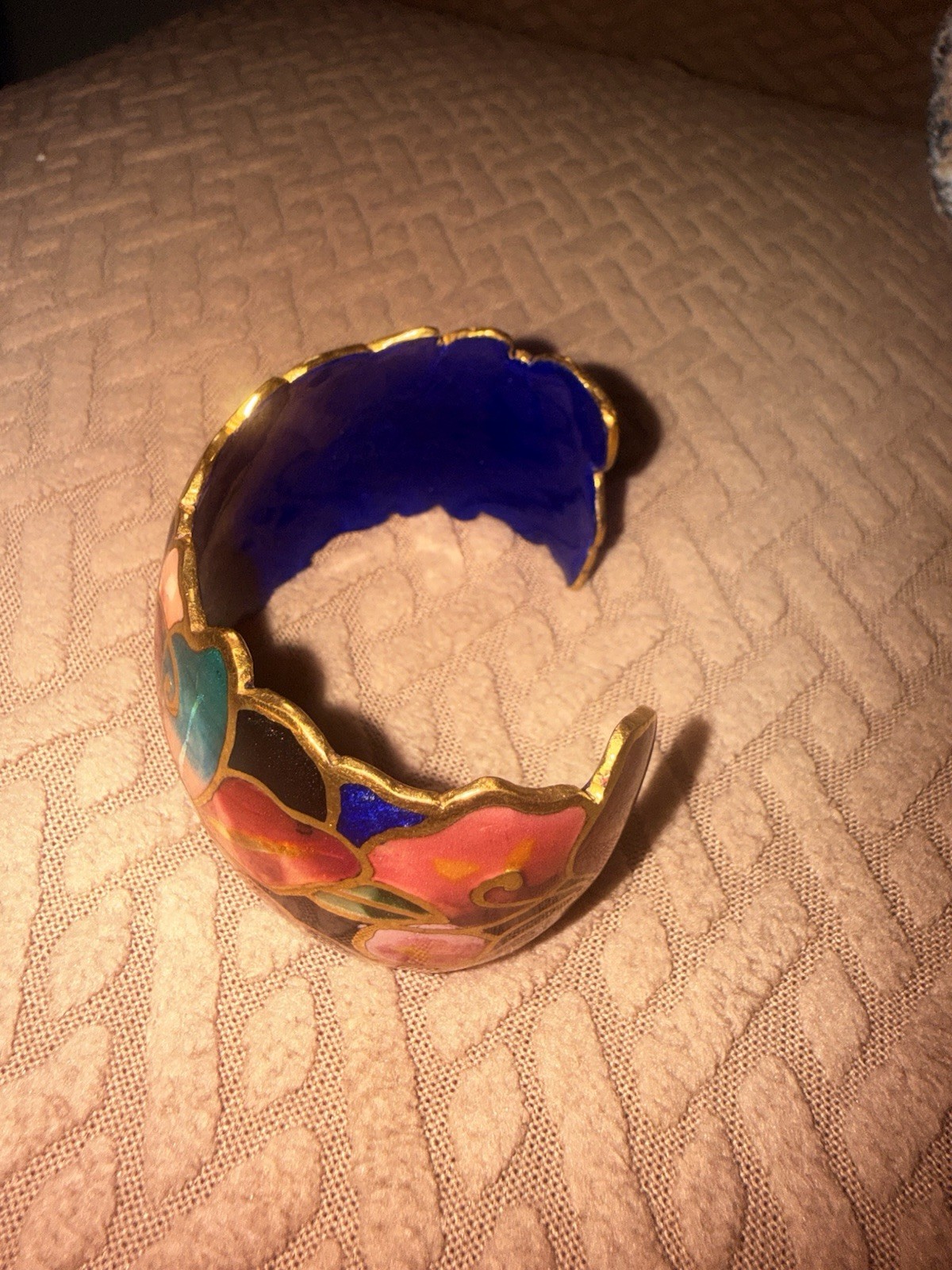 Champlin Signed Multicolor Enamel Floral Cuff Bracelet No Stone, Flowers Theme