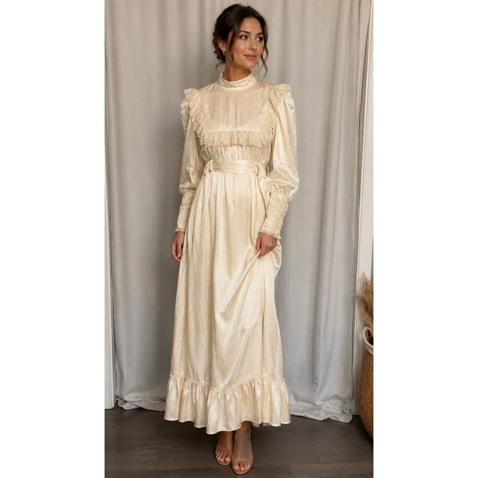 Vintage Victorian Revival Ivory Lace Satin Maxi Dress Prairie Cottagecore Bridal