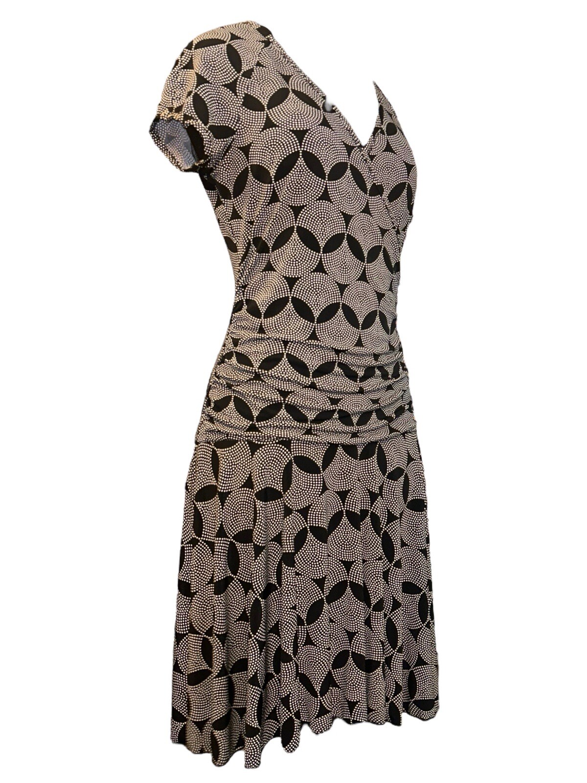 BCX V-Neck Cap Sleeve Ruching Bl/Wh Geo Print Short Faux Wrap Dress Women L VTG