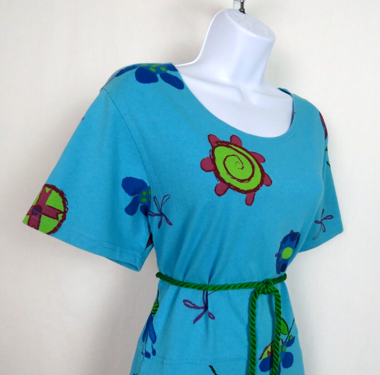 VTG 1980s 90s RED GINGER MEDIUM COTTON DRESS MOD FLOWERS ROPE BELT AQUA BLUE