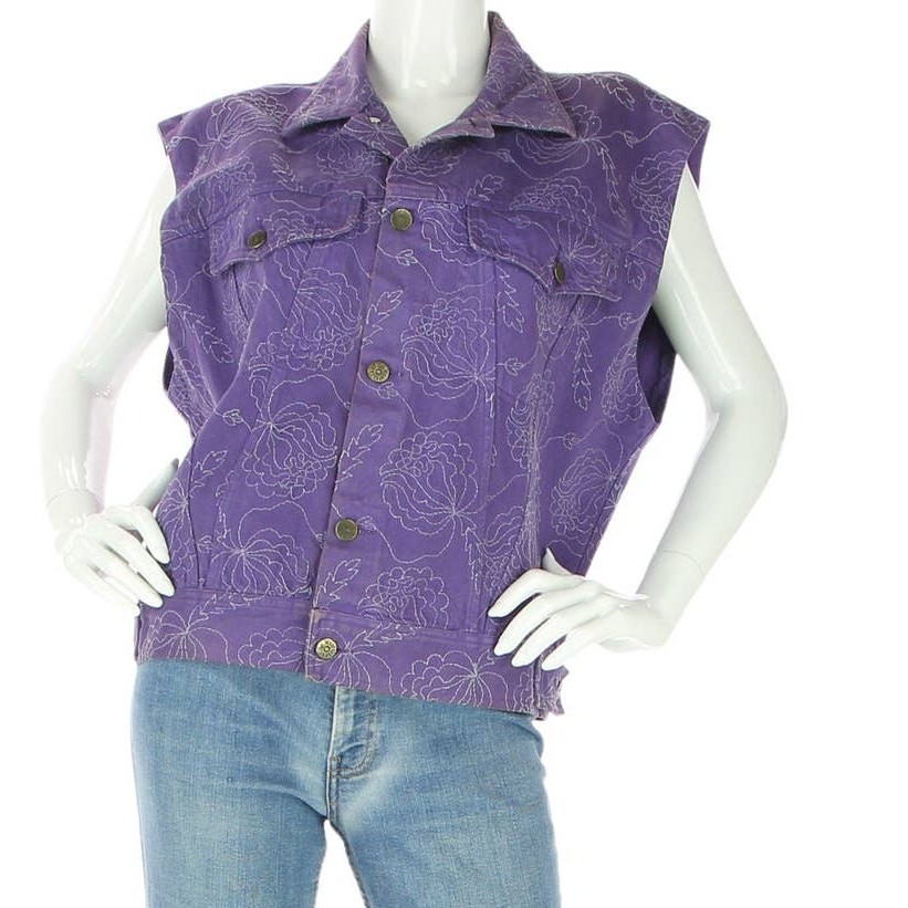 Vintage Italy Made All Over Embroidery Floral Purple Denim Jean Vest