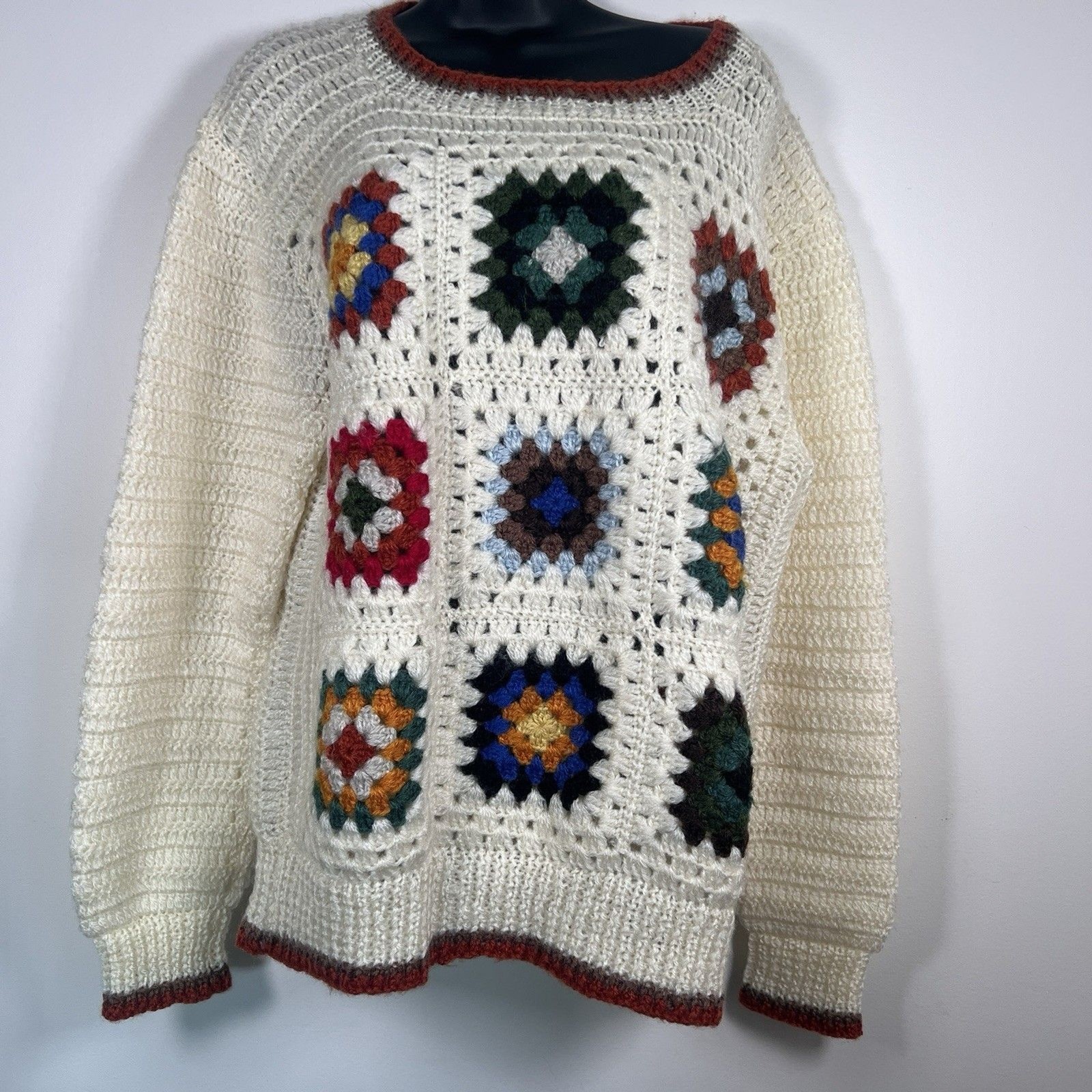 Granny Square 1960s Vintage Sweater Boho Hippie Crochet Knit Korean UNISEX M