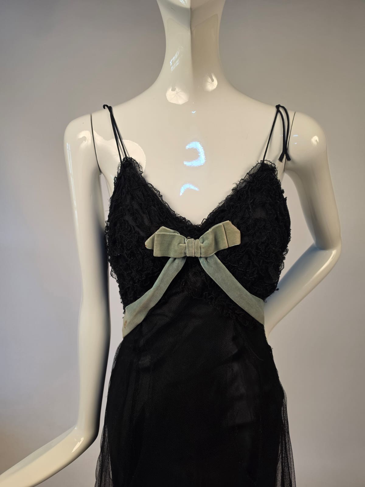 ANTIQUE 1930’S BLACK NET + RUFFLE LONG DRESS W TAFFETA LINING + VELVET TRIM
