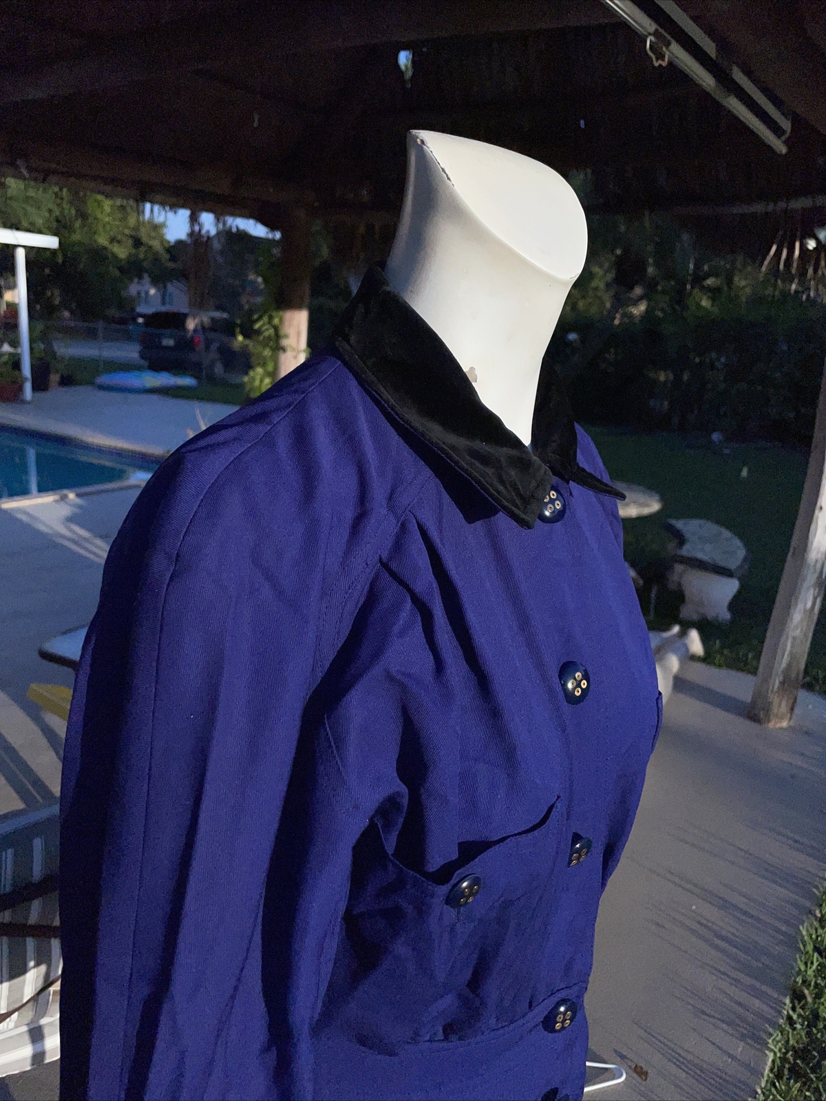 VINTAGE MISS V VALENTINO BLUE BLACK VELVET COLLAR BUTTON FRONT DRESS Sz 38
