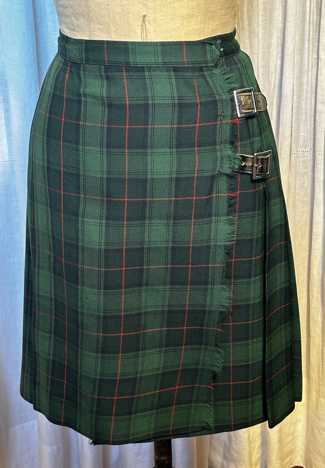 Vintage Florence Walsh Green Blue Red Plaid Kilt Skirt Sz XS Pre-owned